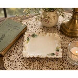 VTG Lefton Pink Gold Trim 3D Applied Flowers Ceramic Ladies Ashtray Victorian
